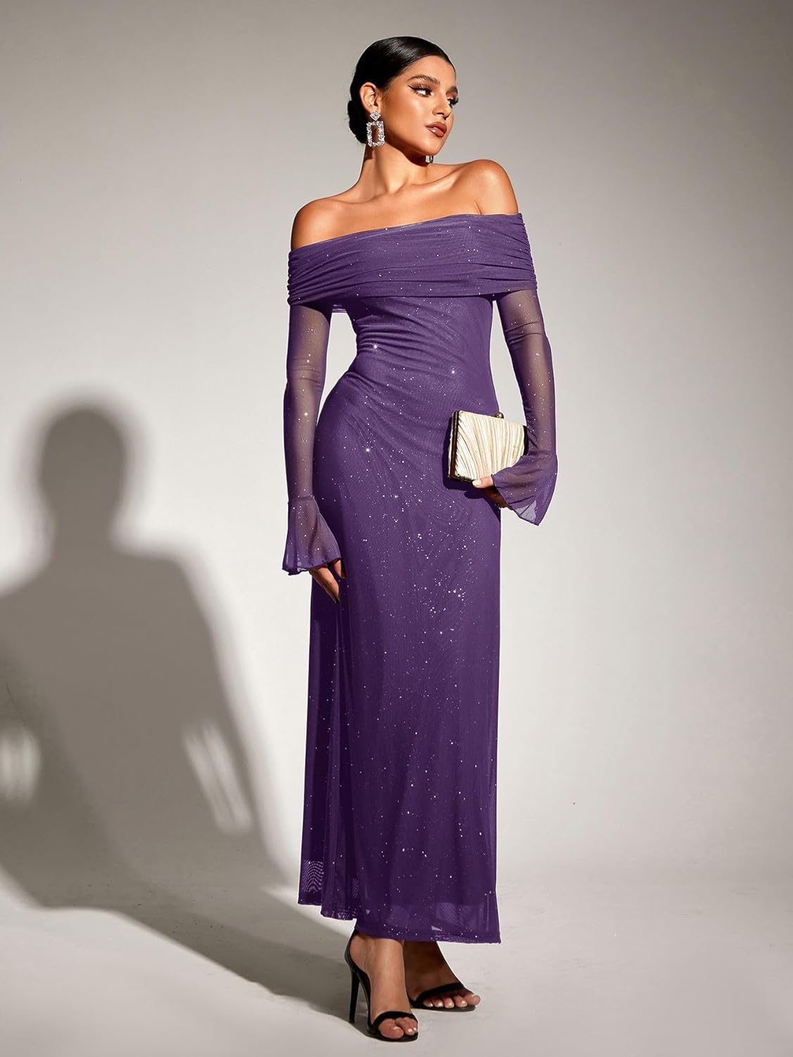 KUTUMAI Women Off Shoulder Bodycon Maxi Dress Long Sleeve Mesh Ruched Party Formal Wedding Guest Dresses