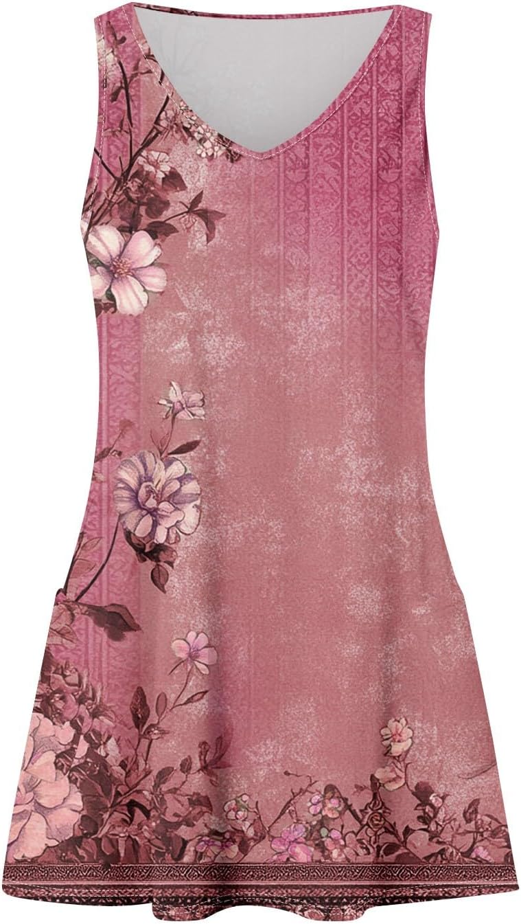 Women's Sleeveless Floral Print Summer Dress Casual V-Neck A-Line Mini Dress for Beach Party and Daily Wear