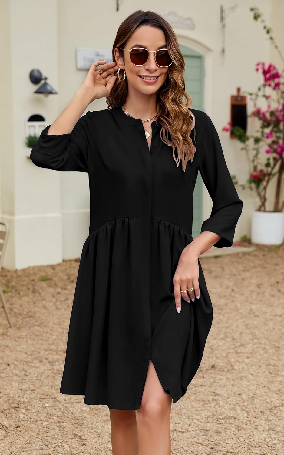 CCTOO Women's Summer Dresses Casual V Neck Button Down 3/4 Sleeve Floral Print Loose Flowy Shirt Dress
