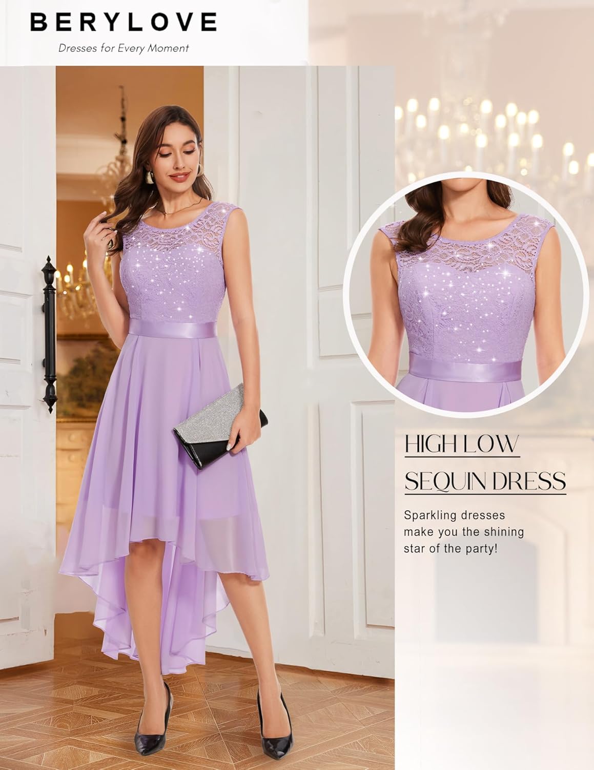 BeryLove Cocktail Prom Dresses 2025 Formal Wedding Guest Dresses Sleeveless Lace High Low Homecoming Dress
