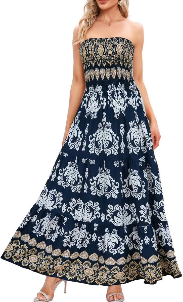 Women's Summer Strapless Tube Top Maxi Dresses Off Shoulder Boho Beach Long Dress