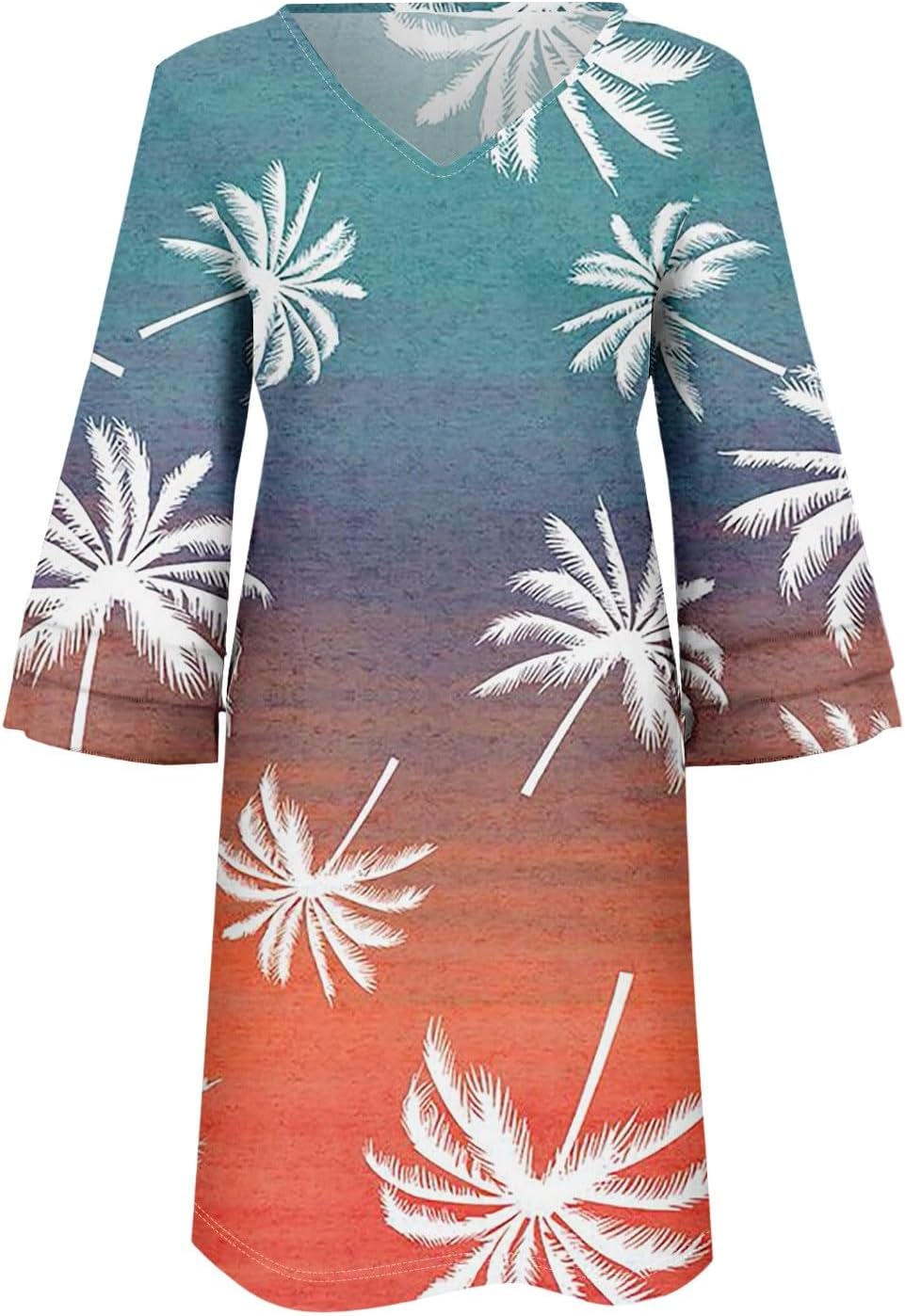 Beach Dresses for Women,2025 Summer Trendy Floral Print Boho Dress,Casual Loose V Neck Bell 3/4 Sleeve Mini Dress