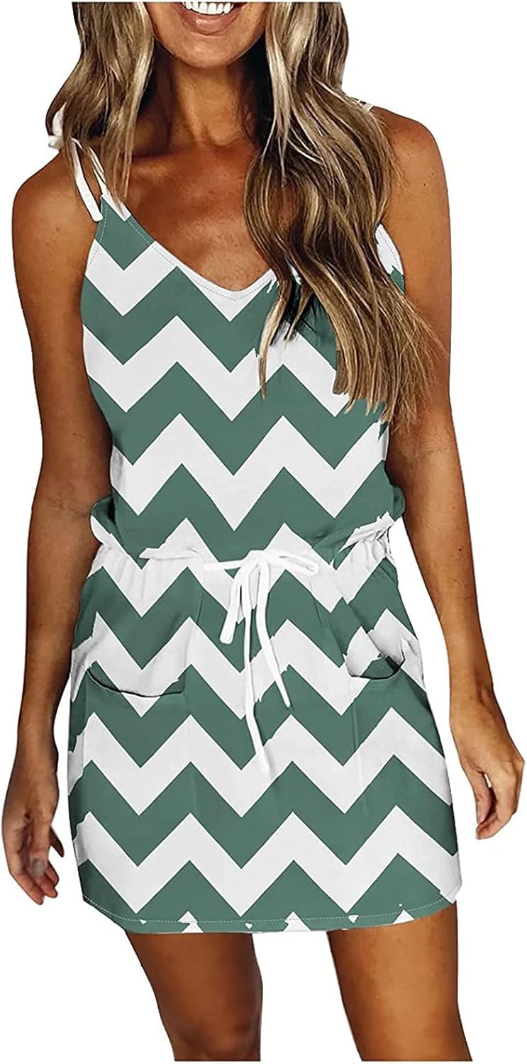 Women Summer Casual Striped Dress Drawstring Waist Tie Knot Mini Dresses Short Sleeve V Neck Tank Dress with Pocket
