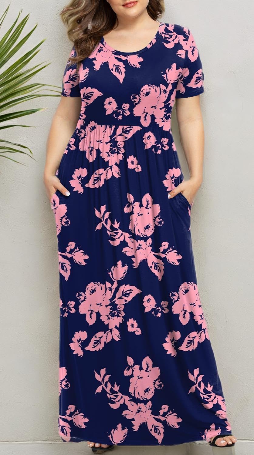 LONGYUAN Women's Plus Size Maxi Dresses for Curvy Women Summer Short Sleeve Casual 2025 Long Dress XL-6XL