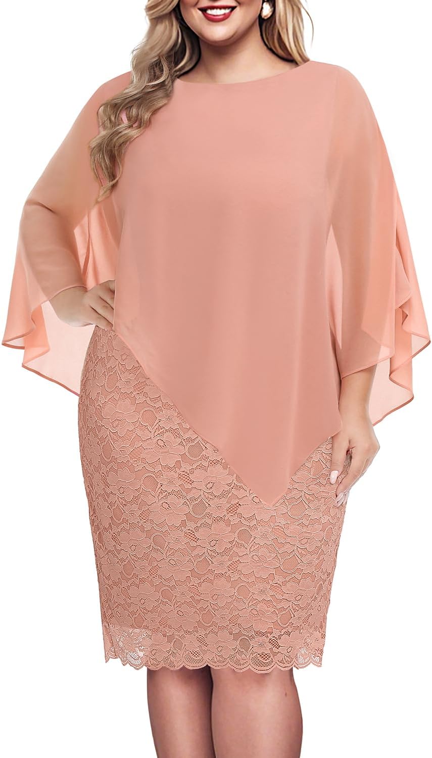 Plus Size Dresses Wedding Guest - Mother Bride Semi Formal Lace Cape with Chiffon Overlay Dresses