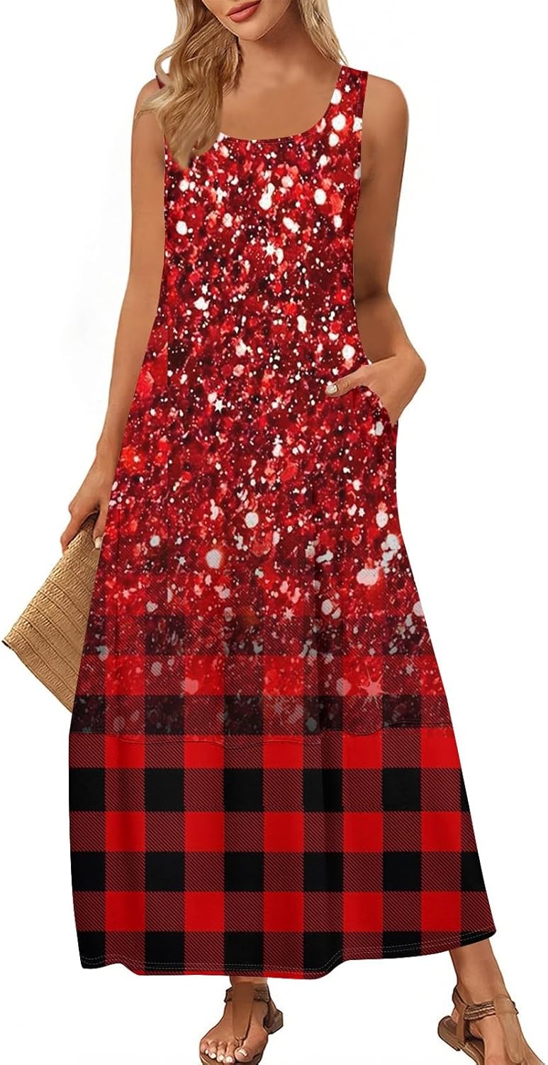 Womens Summer Tank Dress Vacation Boho Floral Long Dresses with Pockets Resort Wear Swing Beach Sleeveless Sundress