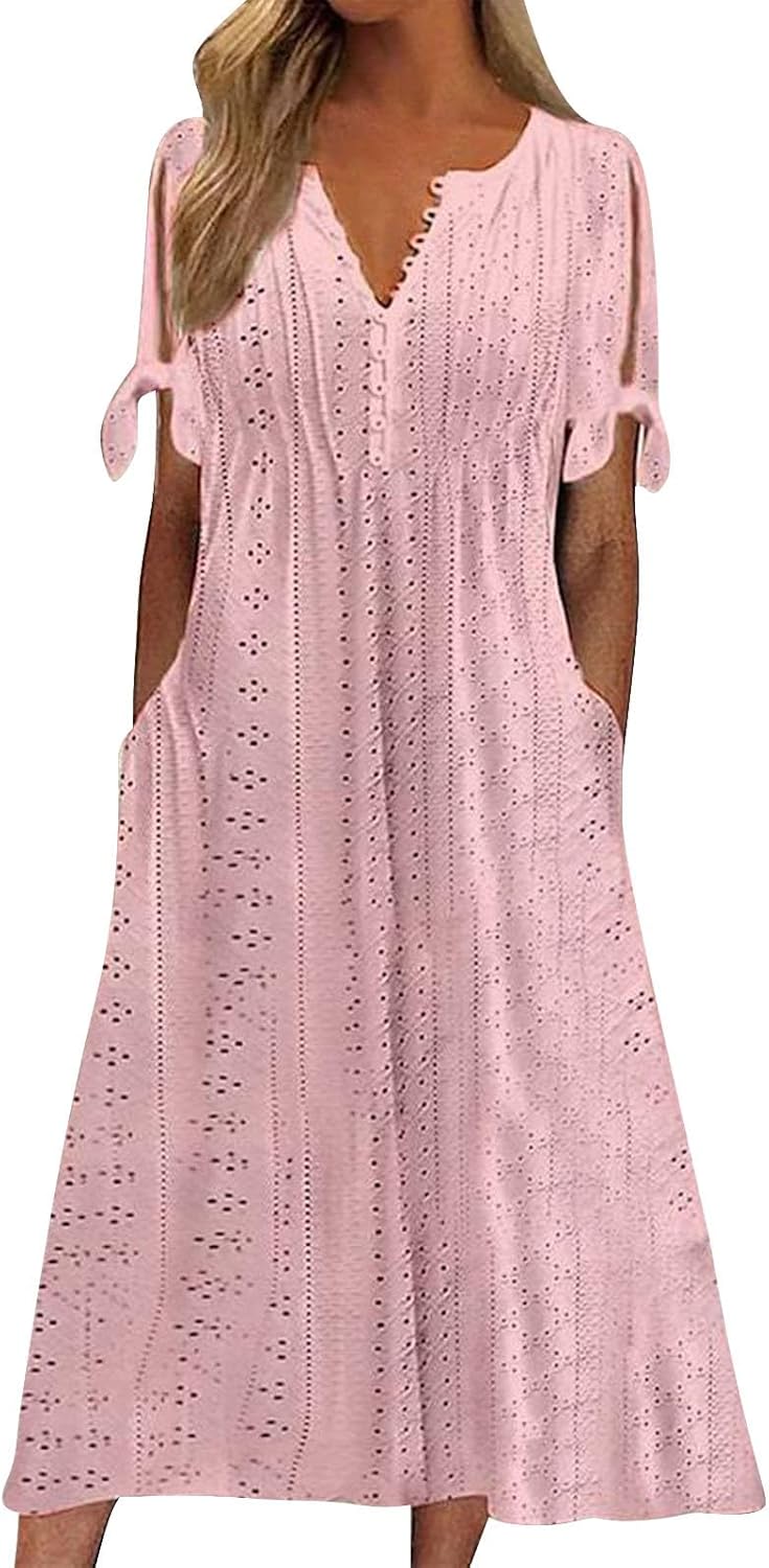 ZYXTIM Womens Eyelet Dress V Neck Short Sleeve Hollow Out Summer Beach Vacation Dresses Swing A Line Vintage Long Dresses