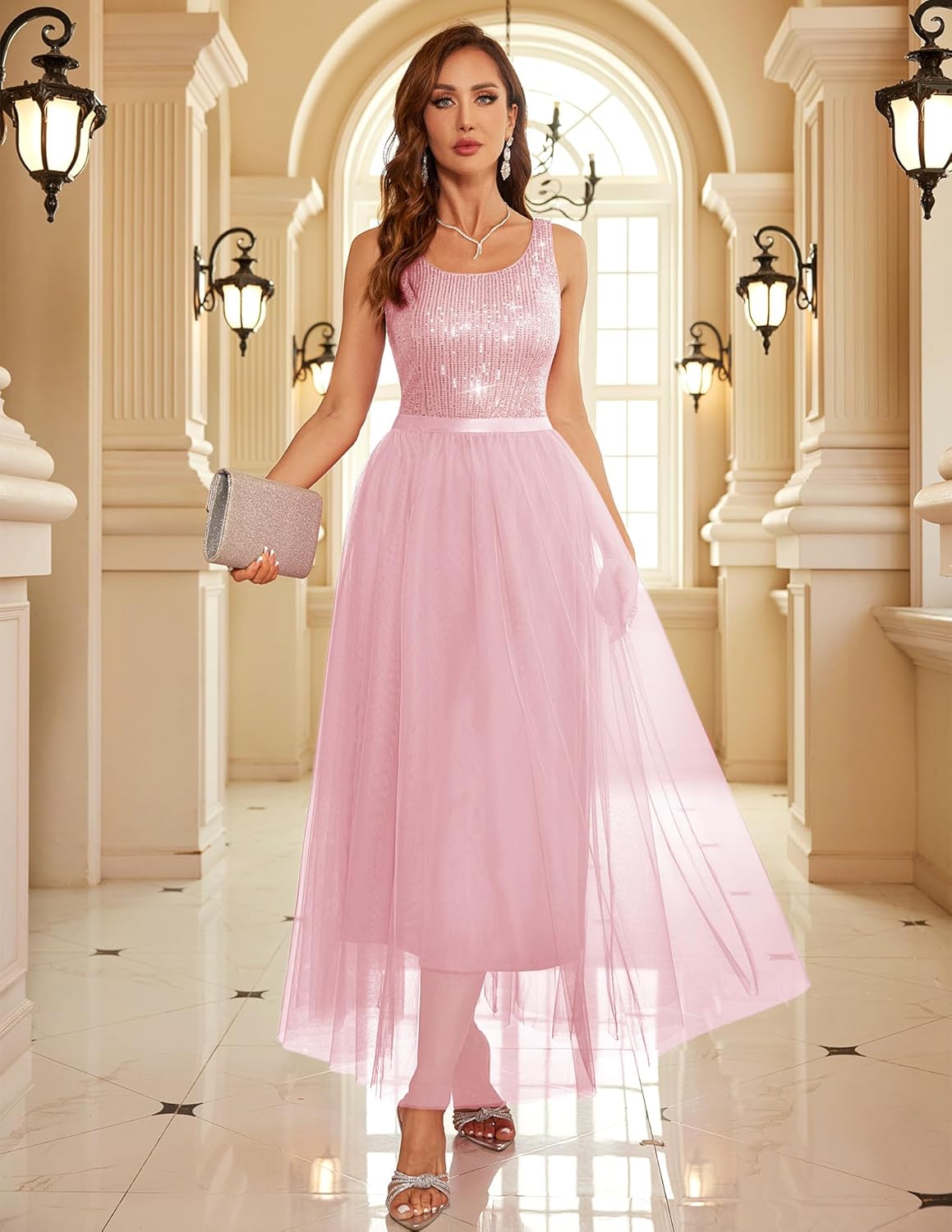 BeryLove Sequin Dress for Woman Vintage A Line Wedding Formal Swing Mesh Dress Sleeveless Cocktail Maxi Gowns