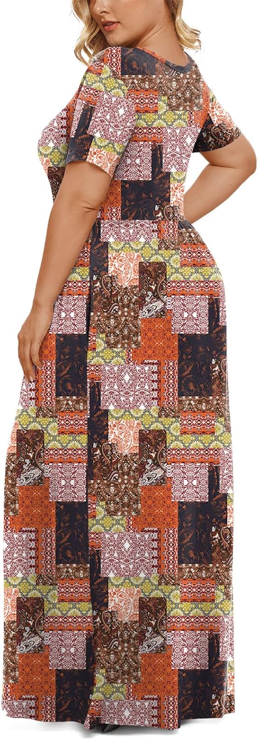 LONGYUAN Women's Plus Size Maxi Dresses for Curvy Women Summer Short Sleeve Casual 2025 Long Dress XL-6XL