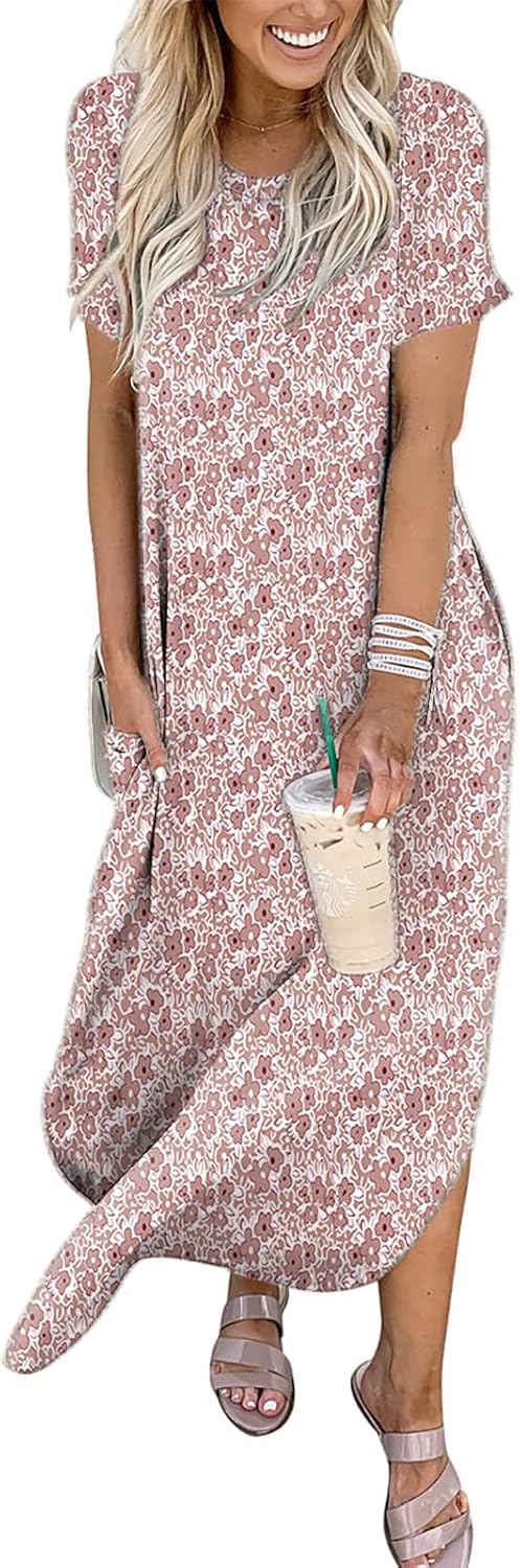ANRABESS Women's Summer Casual Loose Short Sleeve Long T Shirt Dress Split Maxi Beach Sundress Travel Vacation Outfits