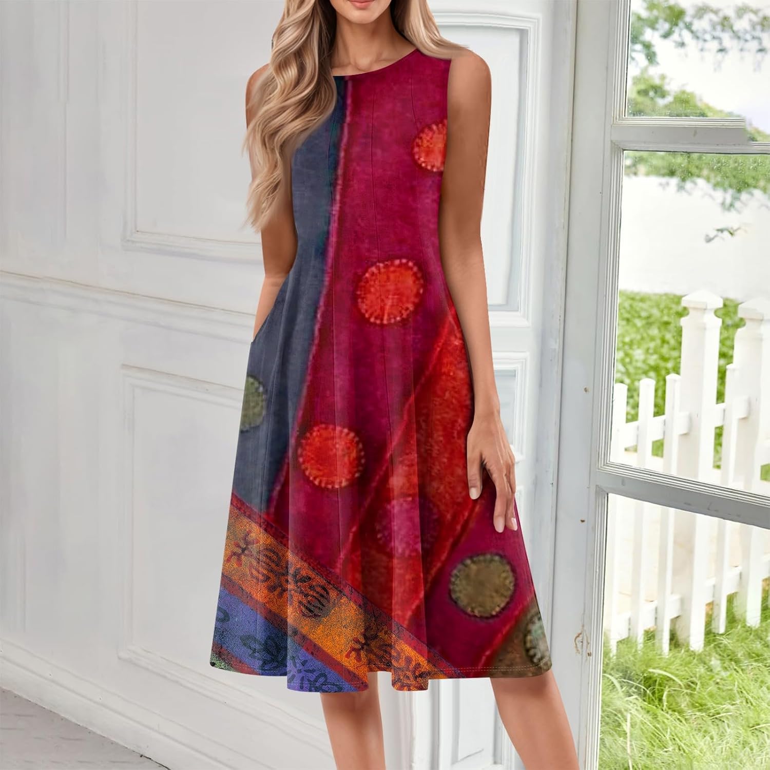 Womens Tank Sundress 2025 Casual Floral Print Tshirt Dress Swing Sleeveless Midi Dress Crewneck Pleated Summer Dresses