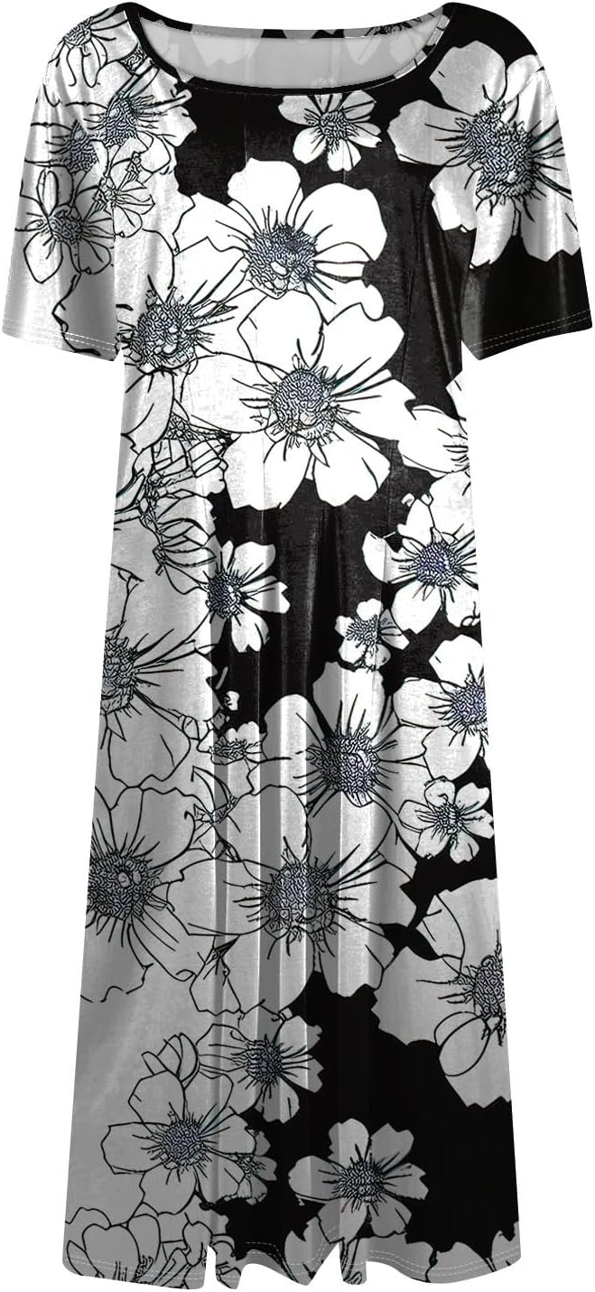 Summer Dresses for Women 2025 Crew Neck Short Sleeve Boho Beach Vacation Floral/Solid Midi Sundresses with Pockets