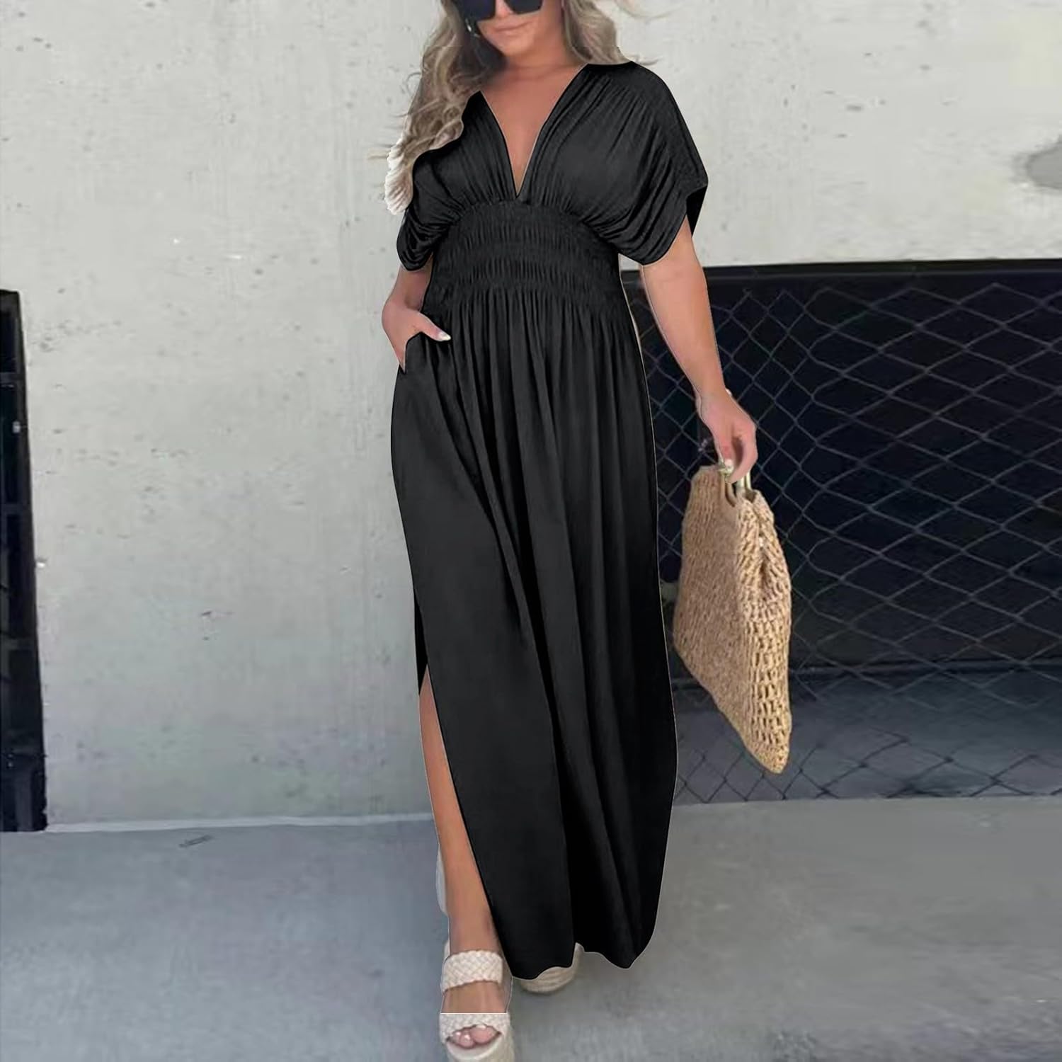 Women's Casual Maxi Dresses Ruffle Sleeve Smocked Dress High Waisted Plus Size Long Dresses Split Flowy Sundress