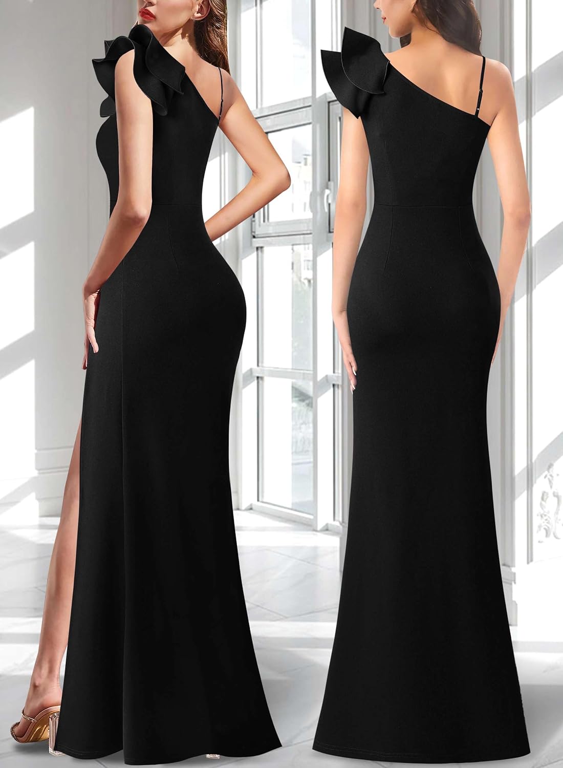 VFSHOW Womens Ruffle One Shoulder Strap Ruched Formal Prom Wedding Maxi Dress V Neck Elegant Split Cocktail Evening Long Gown