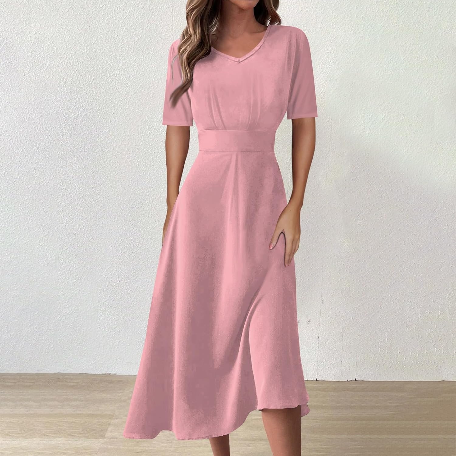 Women's Summer Elegant Cocktail Dress Solid Color Swing V-Neck Party Gown Dresses, S-2XL