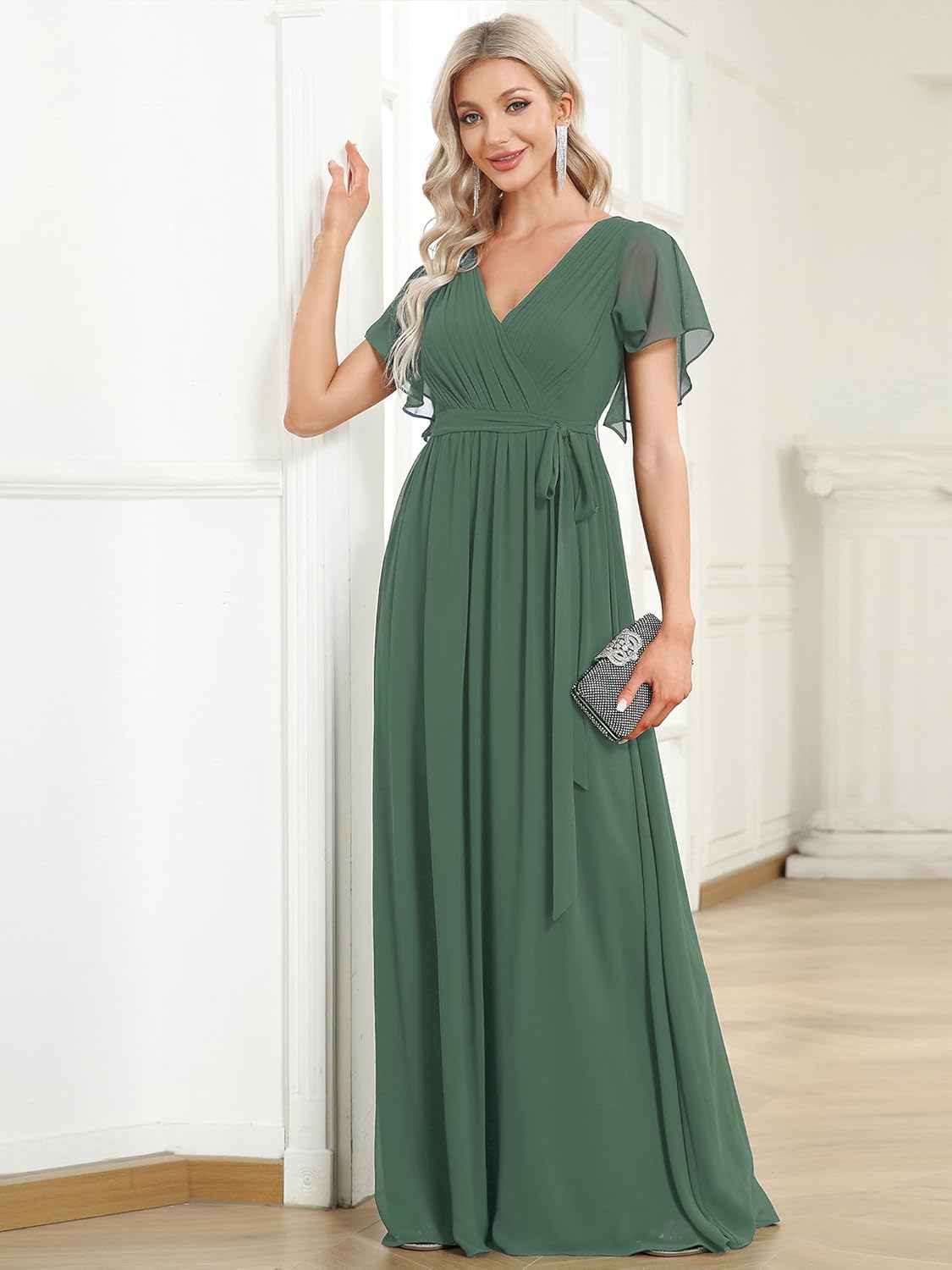 Ever-Pretty Women's Bridesmaid Dress V-Neck Ruffle Sleeves Ruched Bust Floor Length Chiffon Formal Dresses 0164A