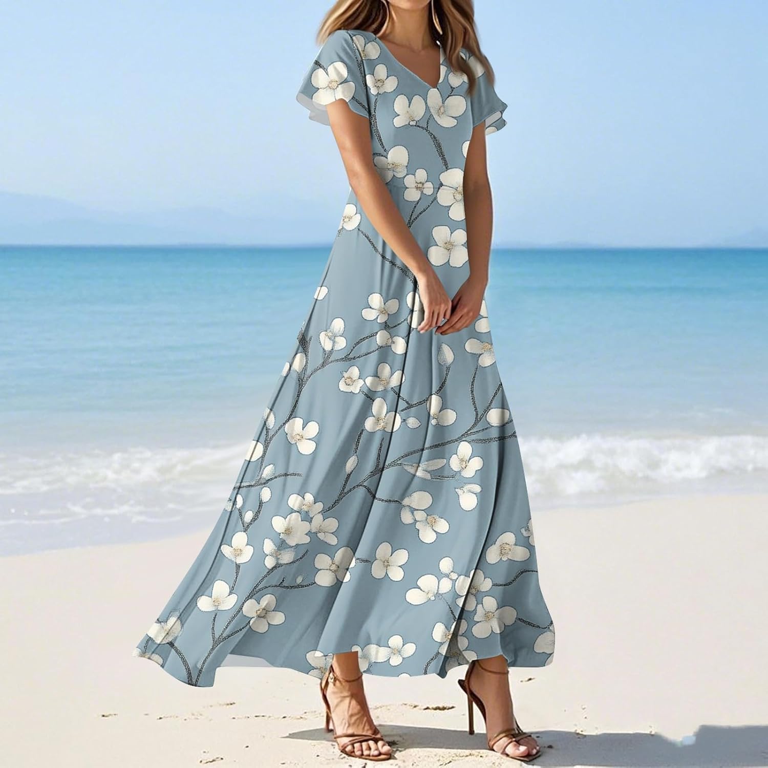 Womens Fashion V Neck Ruffle Short Sleeve Maxi Dress 2025 Summer Elegant Solid Color Flowy A Line Dresses