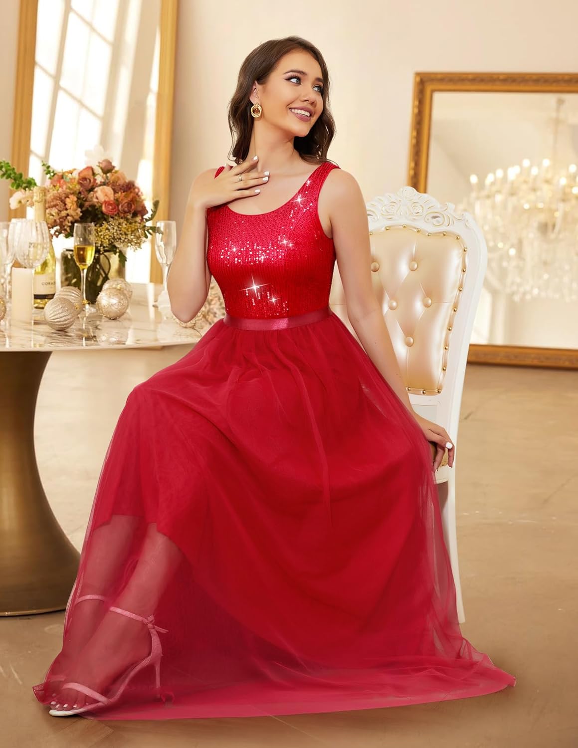 BeryLove Sequin Dress for Woman Vintage A Line Wedding Formal Swing Mesh Dress Sleeveless Cocktail Maxi Gowns