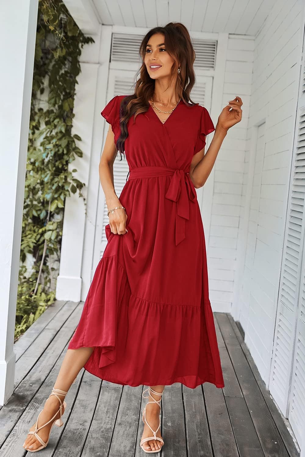 PRETTYGARDEN Women's Summer Floral Boho Dress Wrap V Neck Short Sleeve Ruffle A-Line Flowy Maxi Wedding Guest Dresses