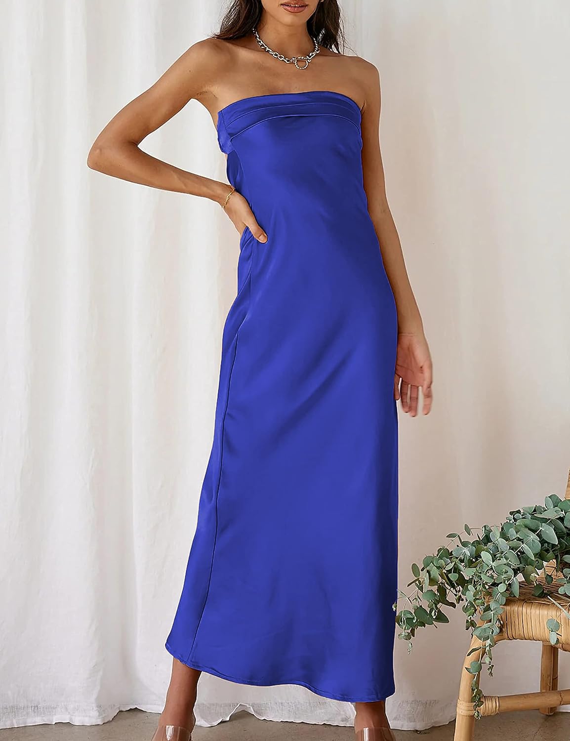 Realtix Satin Silk Backless Tube Tops Maxi Dress for Women Low Back Hollow Out Elegant Strapless Long Dresses Wedding Guest