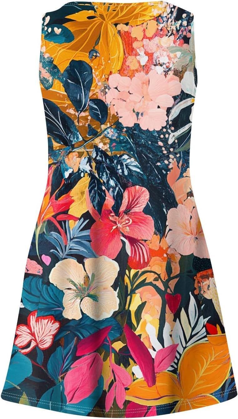 Women's Sleeveless Floral Print Summer Dress Casual V-Neck A-Line Mini Dress for Beach Party and Daily Wear