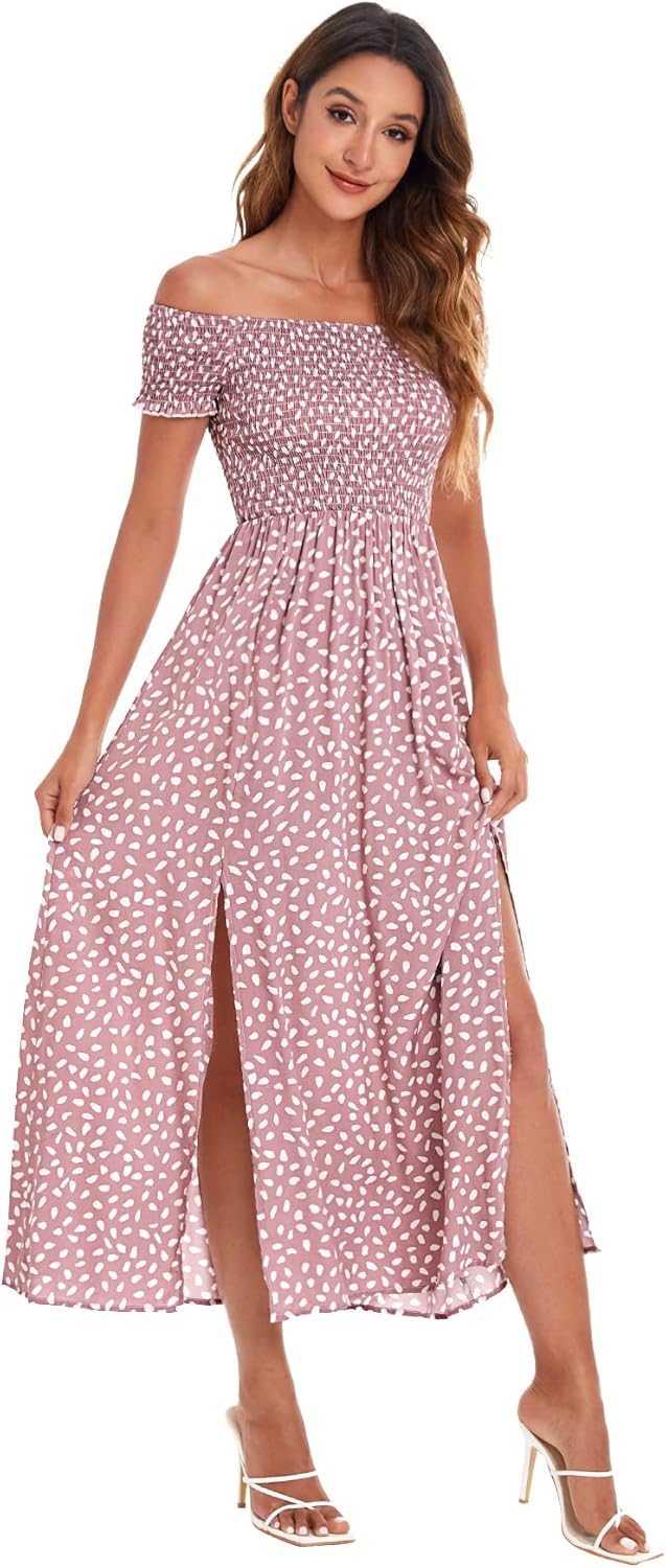 Floerns Women's Boho Floral Print Off Shoulder Split Long A Line Dress