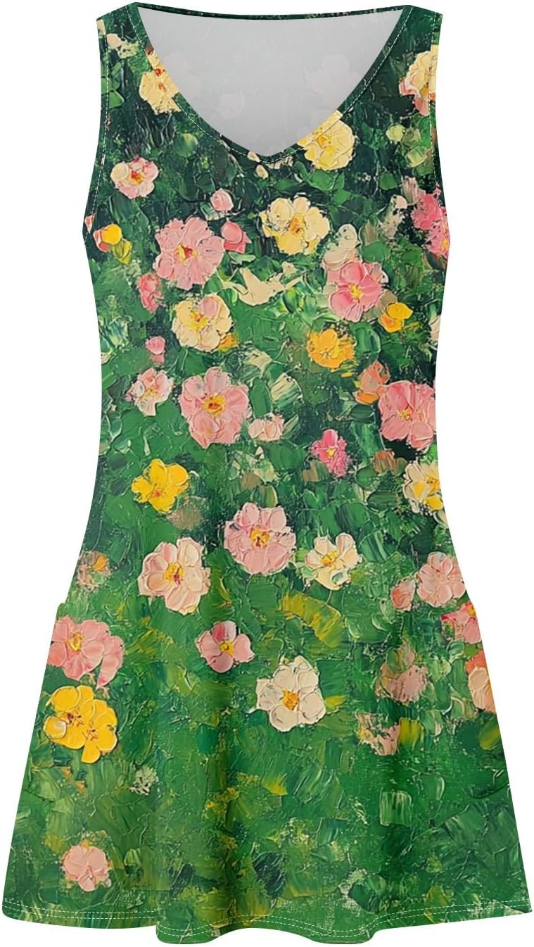 Women's Sleeveless Floral Print Summer Dress Casual V-Neck A-Line Mini Dress for Beach Party and Daily Wear