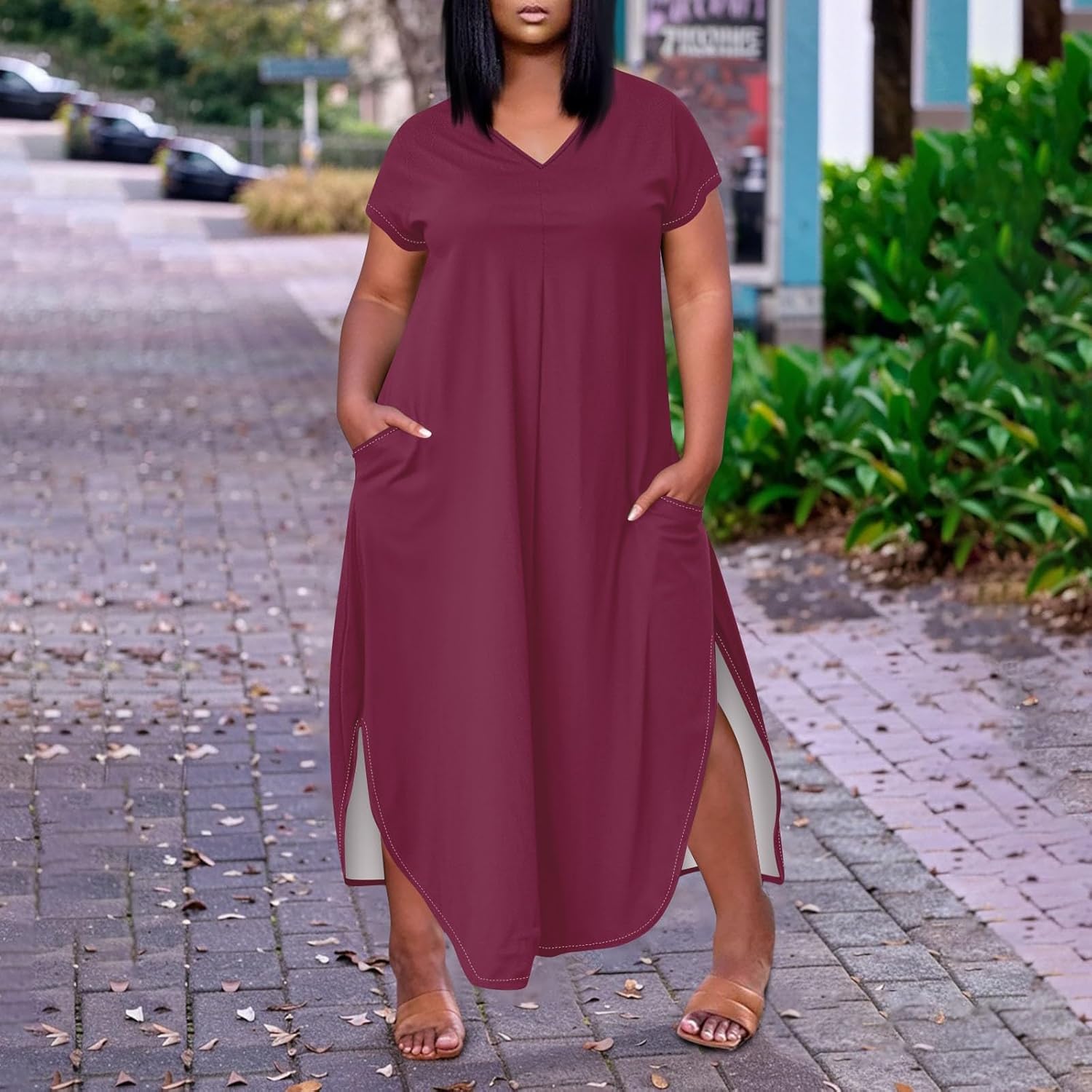 Maxi Dresses for Women 2025 Plus Size Tie Dye V Neck Dress Short Sleeve Side Split Beach Summer Sundress with Pocket