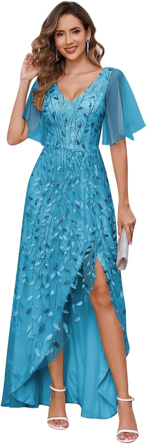 Women's Short Sleeve Mother of The Bride Dresses for Wedding Sparkly Sequin Long Formal Evening Dresses