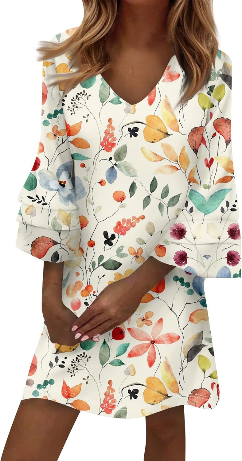 Beach Dresses for Women,2025 Summer Trendy Floral Print Boho Dress,Casual Loose V Neck Bell 3/4 Sleeve Mini Dress