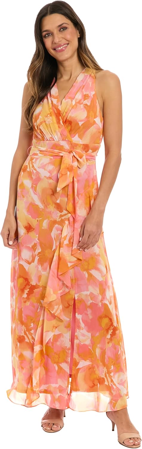 London Times V-Neck Waist Tie Ruffle Cascade Wedding Guest Dresses for Women