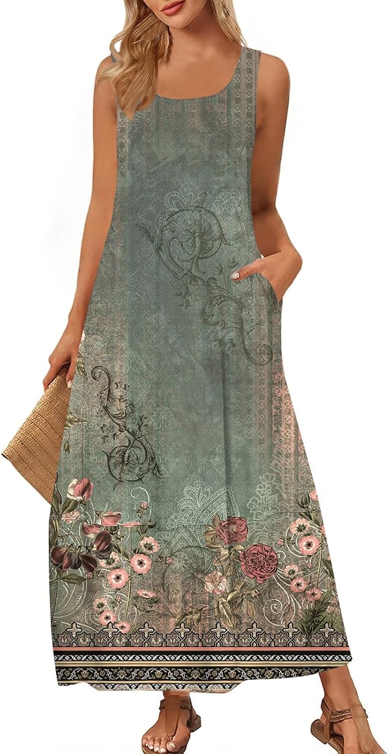 Womens Summer Tank Dress Vacation Boho Floral Long Dresses with Pockets Resort Wear Swing Beach Sleeveless Sundress