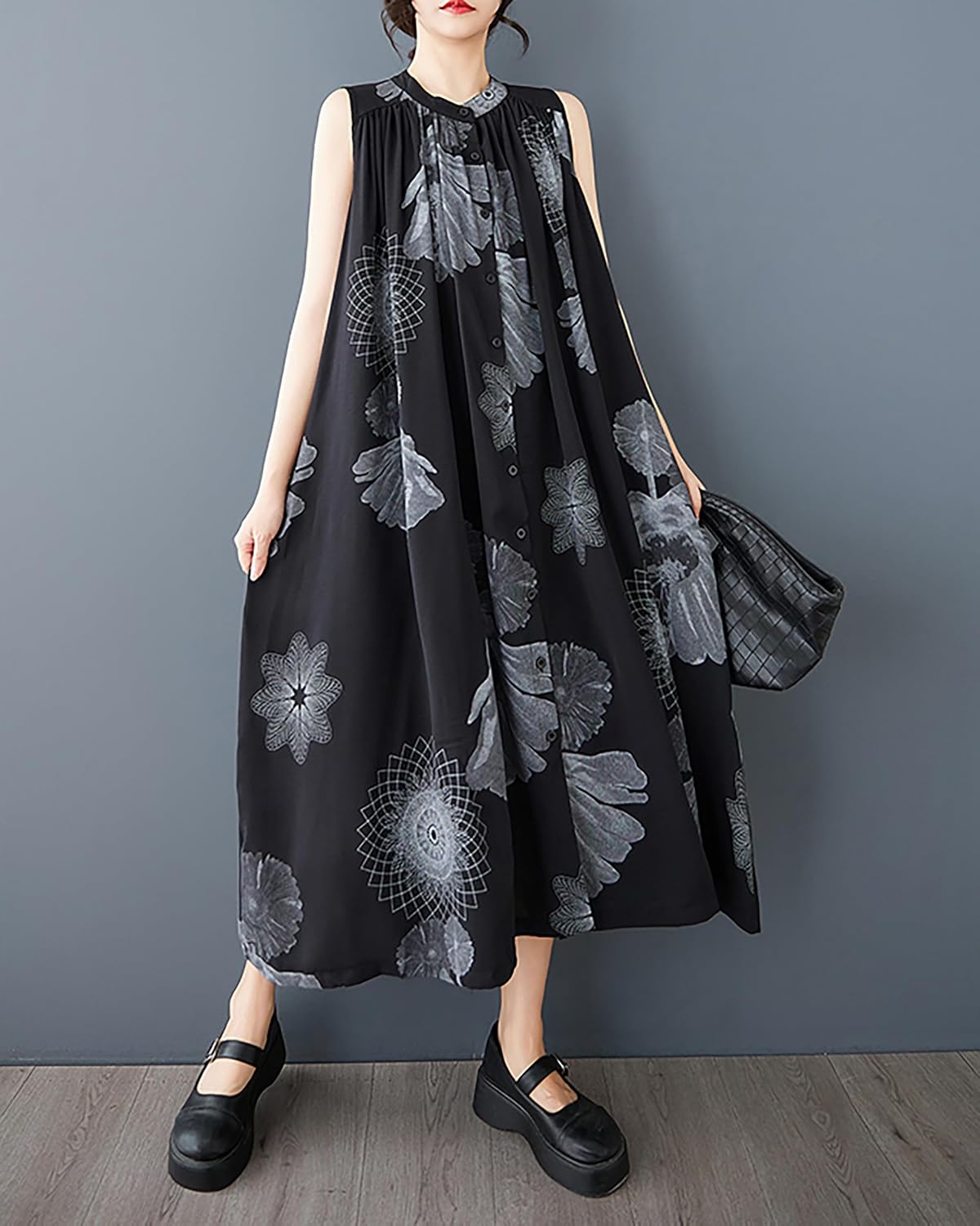 ellazhu Women's Shirt Dress Crewneck Sleeveless Two Side Pockets Patterned Flowy Hem Casual GZ399