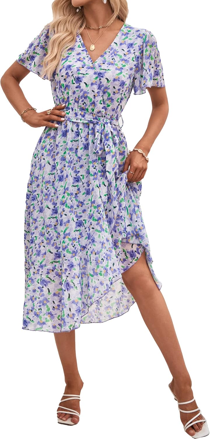 PRETTYGARDEN Women's Summer Floral Boho Dress Wrap V Neck Short Sleeve Ruffle A-Line Flowy Maxi Wedding Guest Dresses