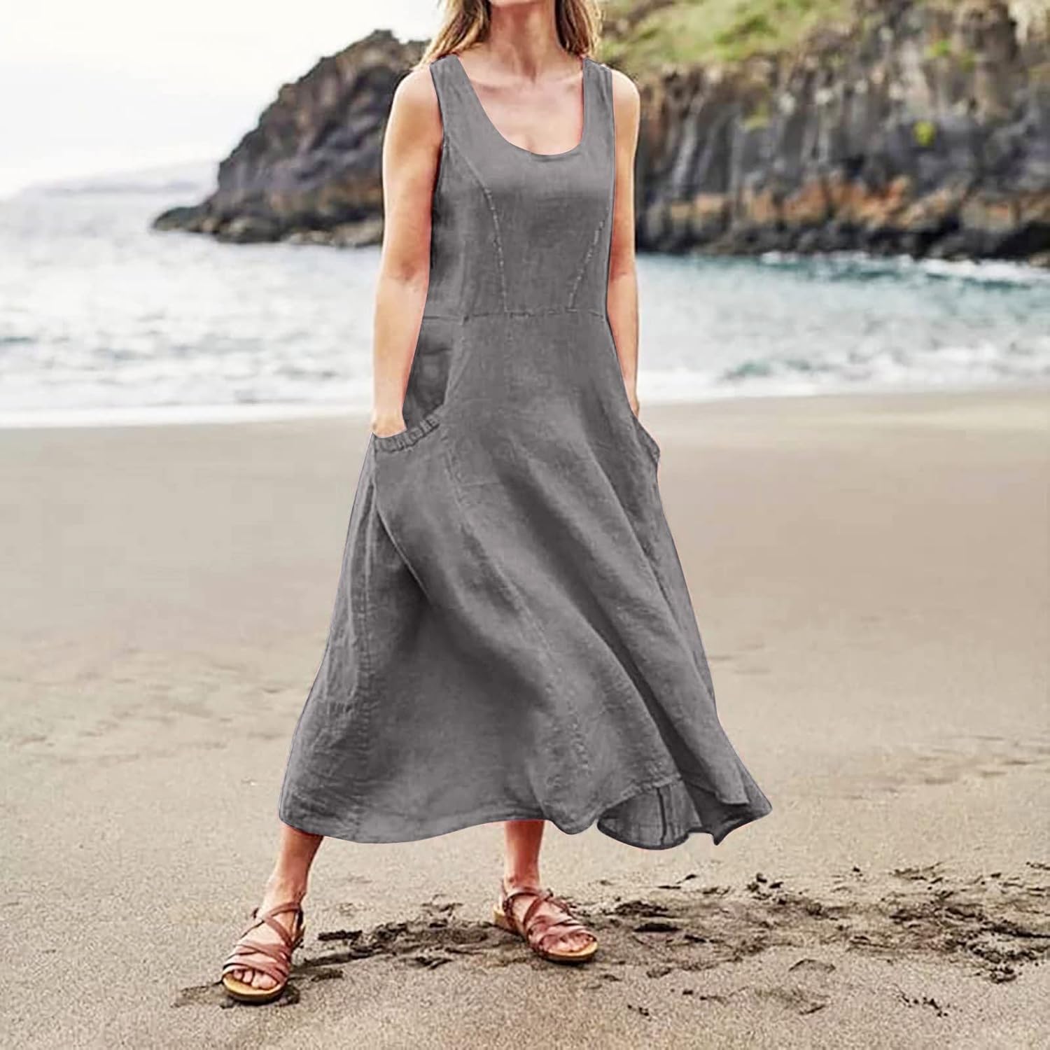 Women's Casual Sleeveless Dresses, Cotton Linen Pocket Dresses Summer Dresses for Women 2024 Sundresses Beach Dress