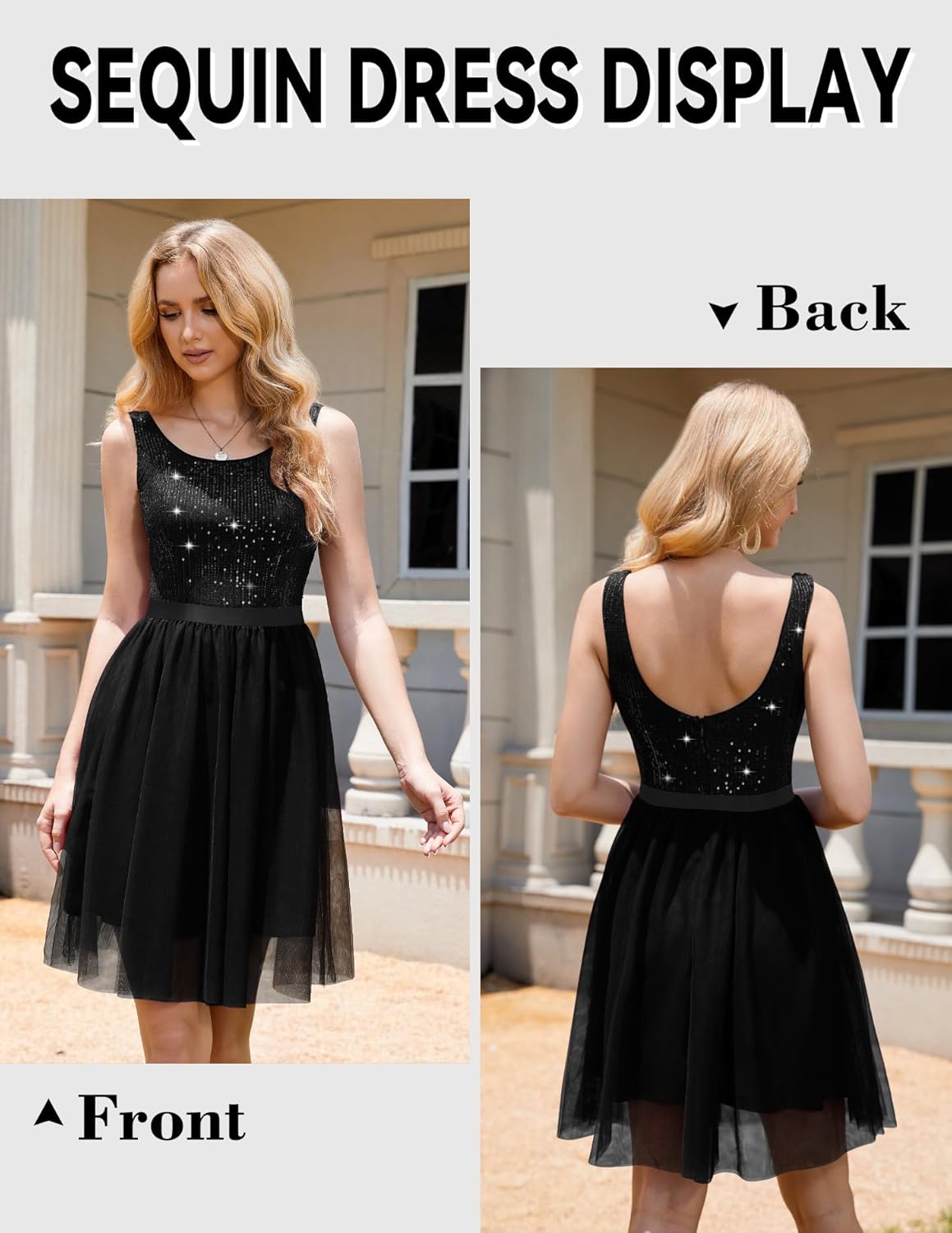 BeryLove Sequin Dress for Woman Vintage A Line Wedding Formal Swing Mesh Dress Sleeveless Cocktail Maxi Gowns