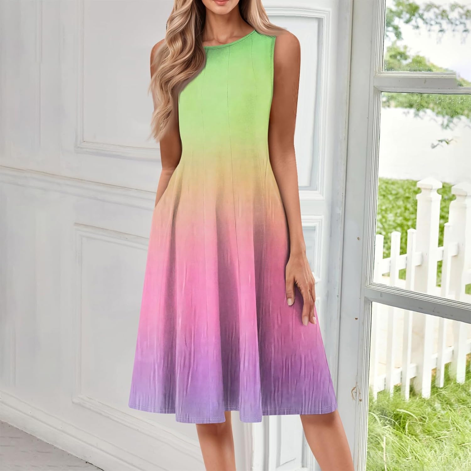 Womens Tank Sundress 2025 Casual Floral Print Tshirt Dress Swing Sleeveless Midi Dress Crewneck Pleated Summer Dresses