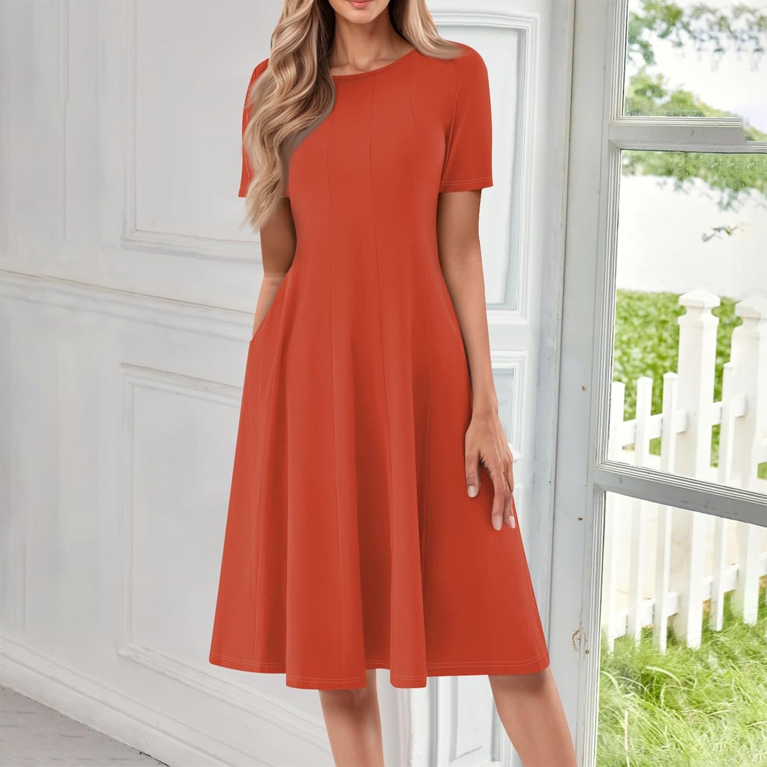 Summer Dresses for Women 2025 Crew Neck Short Sleeve Boho Beach Vacation Floral/Solid Midi Sundresses with Pockets