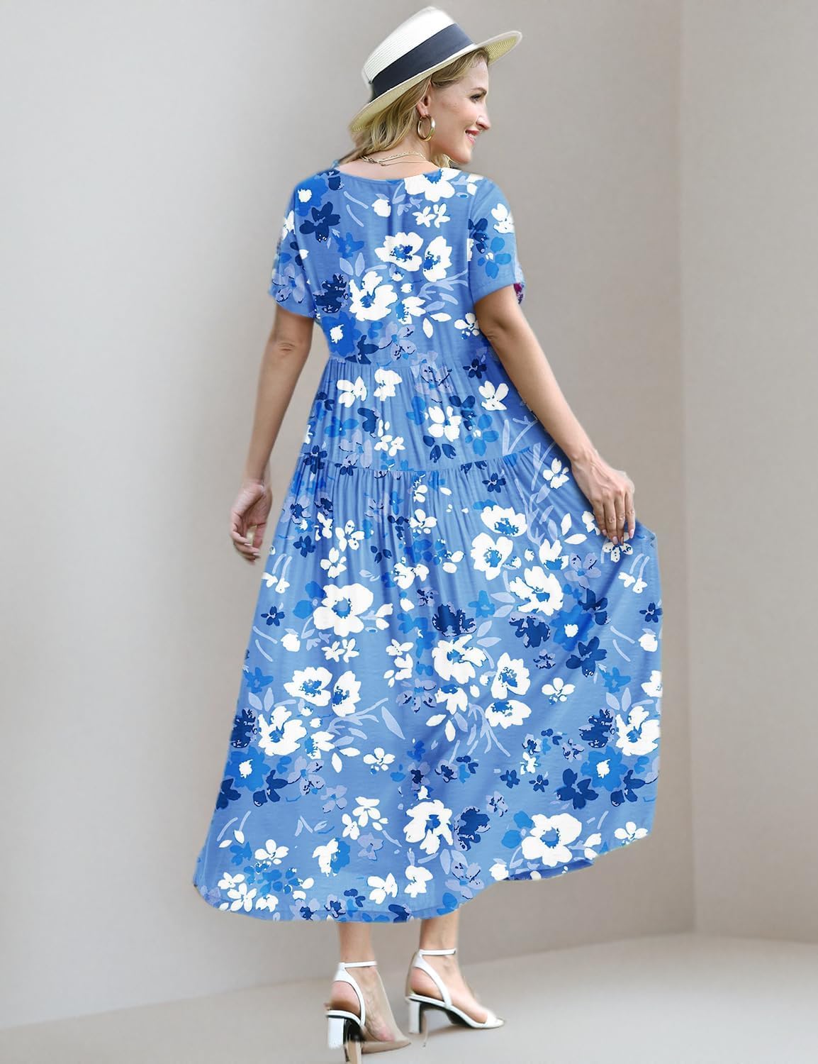 YESNO Women Casual Loose Bohemian Floral Dress with Pockets Short Sleeve Long Maxi Summer Beach Swing Dress EJF
