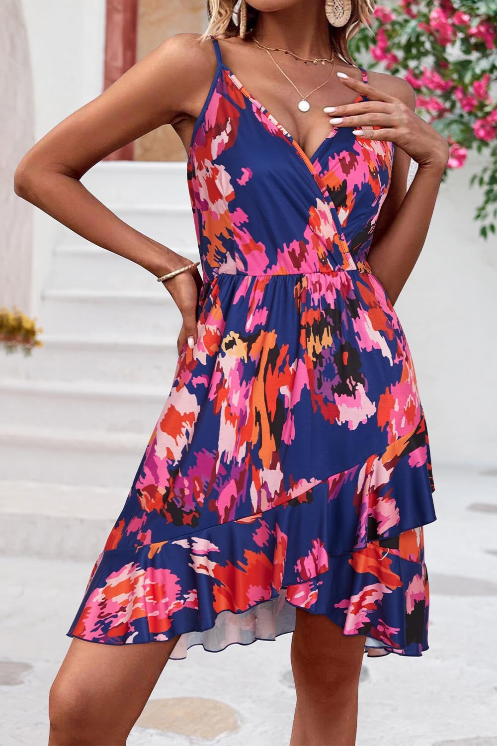 ULTRANICE Womens Summer Dresses Floral V Neck Ruffled Hem Spaghetti Spring Casual Beach Outfits Flowy Wrap Sun Dress