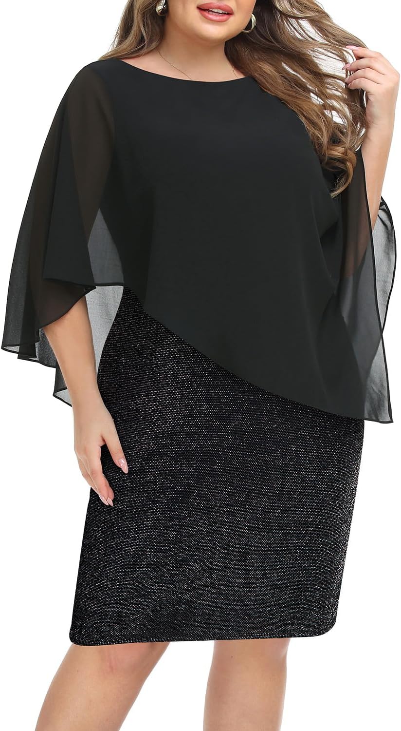 Plus Size Dresses Wedding Guest - Mother Bride Semi Formal Lace Cape with Chiffon Overlay Dresses