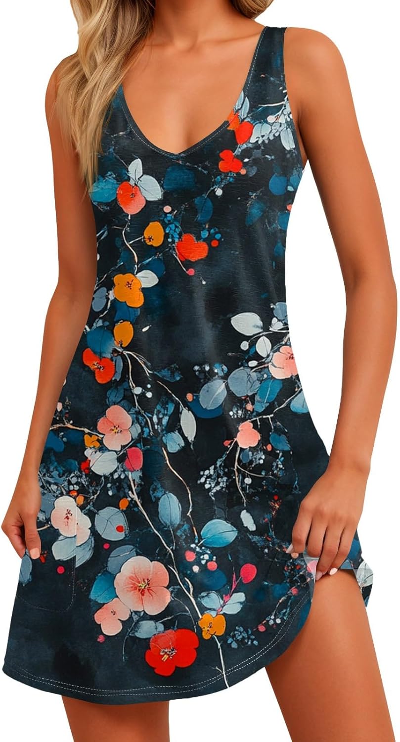 Women's Sleeveless Floral Print Summer Dress Casual V-Neck A-Line Mini Dress for Beach Party and Daily Wear