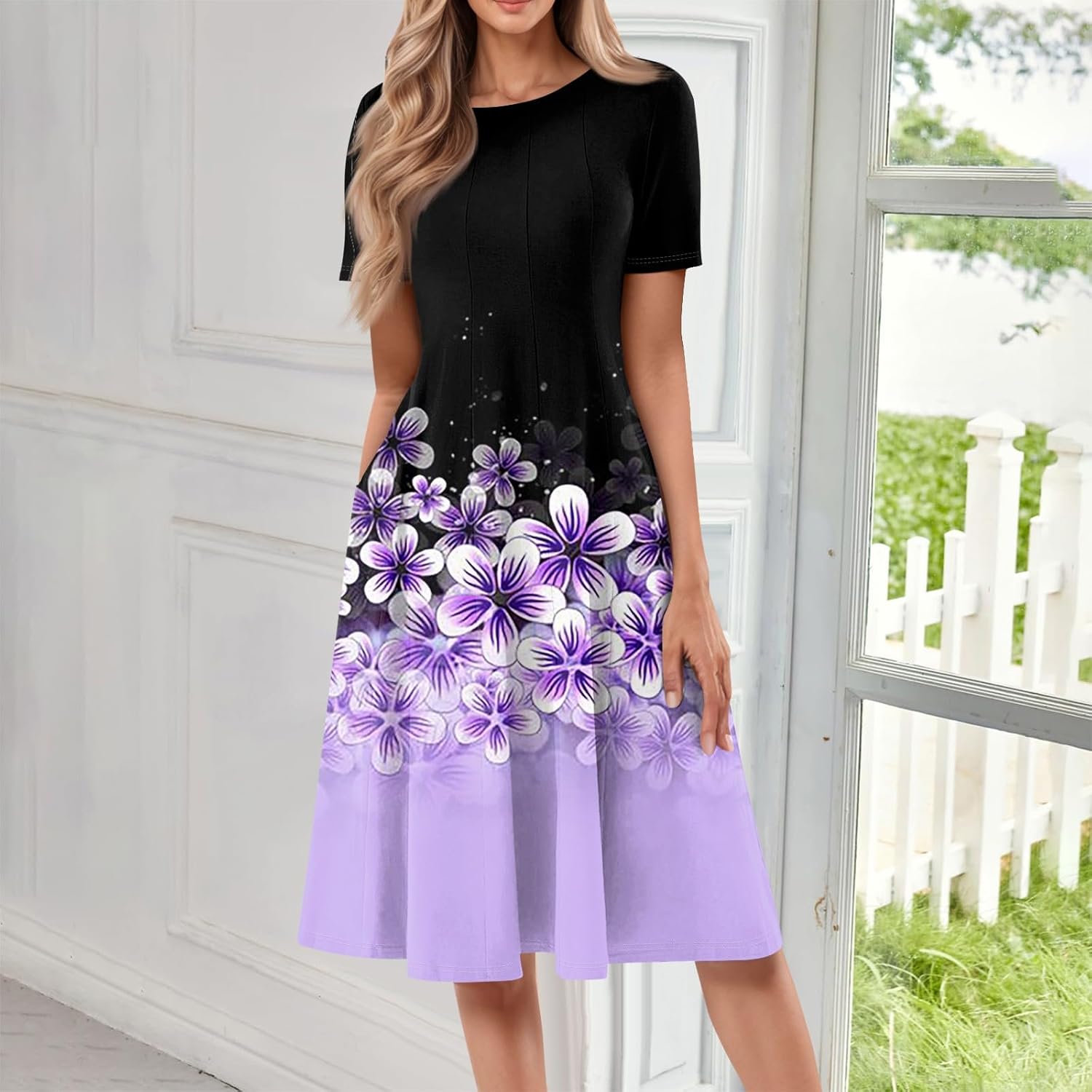 Summer Dresses for Women 2025 Crew Neck Short Sleeve Boho Beach Vacation Floral/Solid Midi Sundresses with Pockets