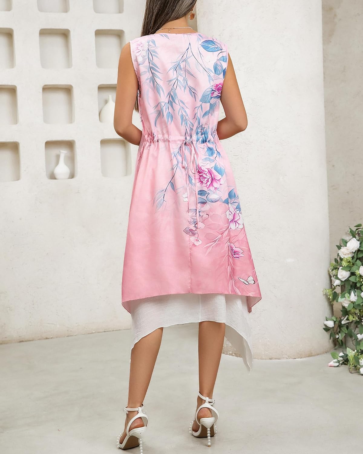 Honwenle Women's Linen Dress 2 Piece Outfit Floral Sleeveless Loose Maxi Summer Dresses with Jacket Formal Casual