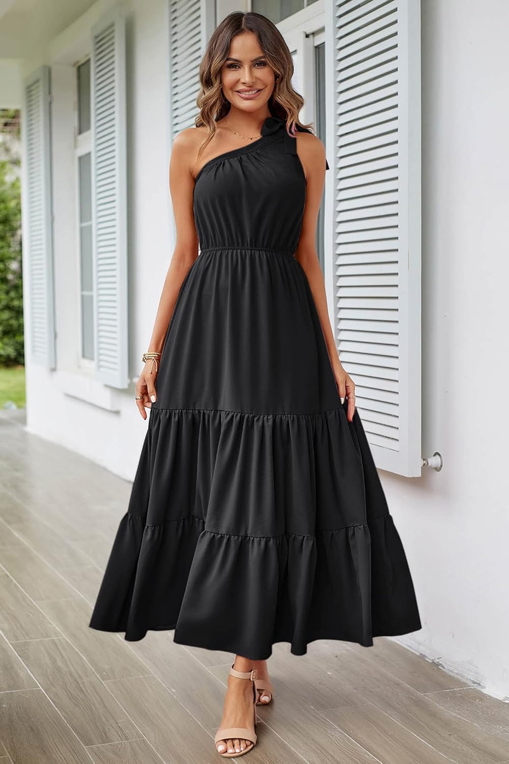 PRETTYGARDEN Women's Summer Floral Maxi Dress Knot One Shoulder Sleeveless Ruffle Flowy Boho Beach Wedding Guest Dresses