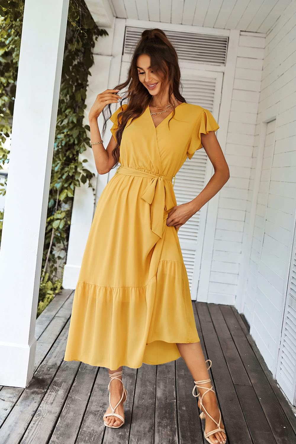 PRETTYGARDEN Women's Summer Floral Boho Dress Wrap V Neck Short Sleeve Ruffle A-Line Flowy Maxi Wedding Guest Dresses