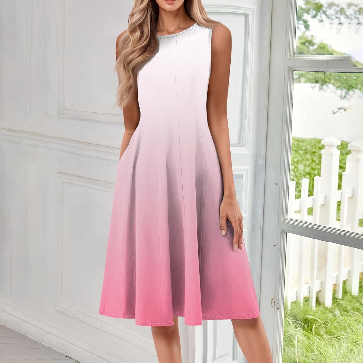 Womens Tank Sundress 2025 Casual Floral Print Tshirt Dress Swing Sleeveless Midi Dress Crewneck Pleated Summer Dresses