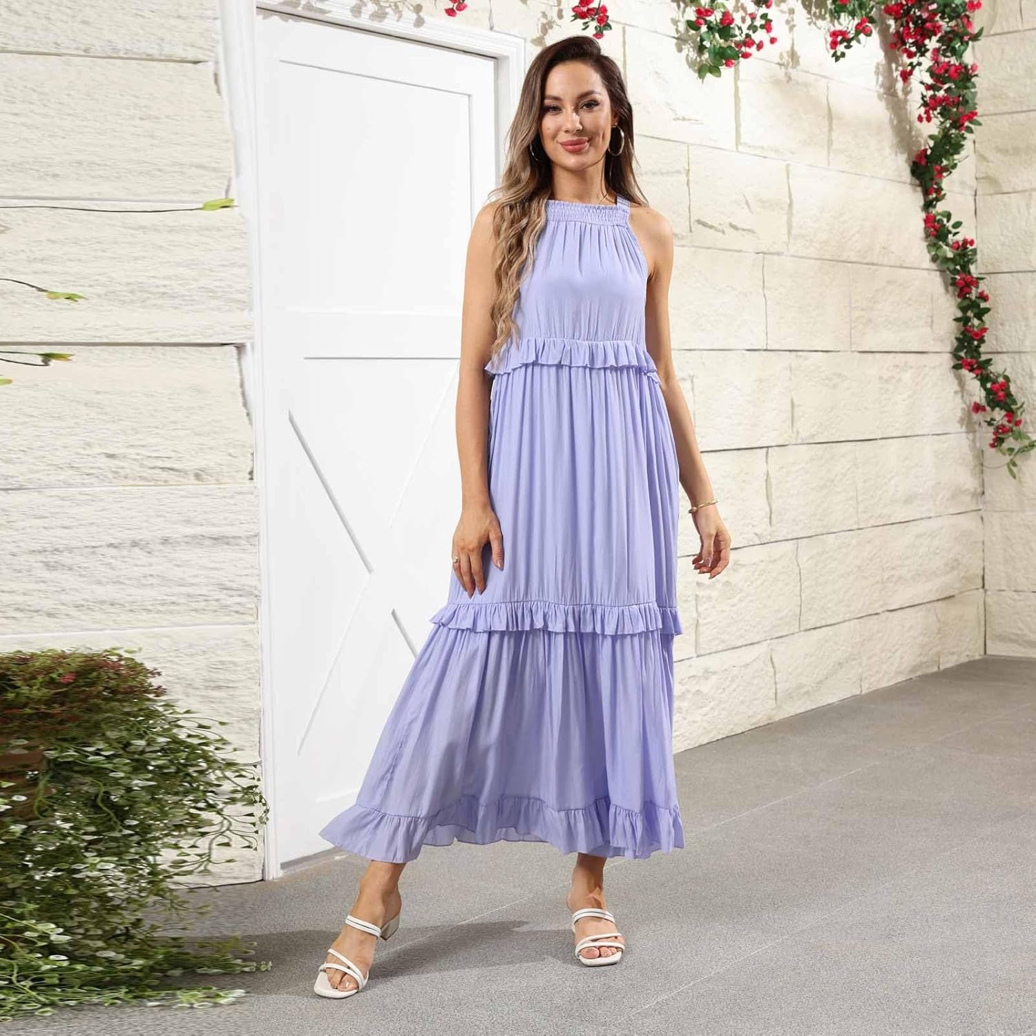 Boho Dresses for Women,2025 Summer Flowy Ruffle Tiered Swing Smocked Beach Sundress,Sleeveless Halter Maxi Dress