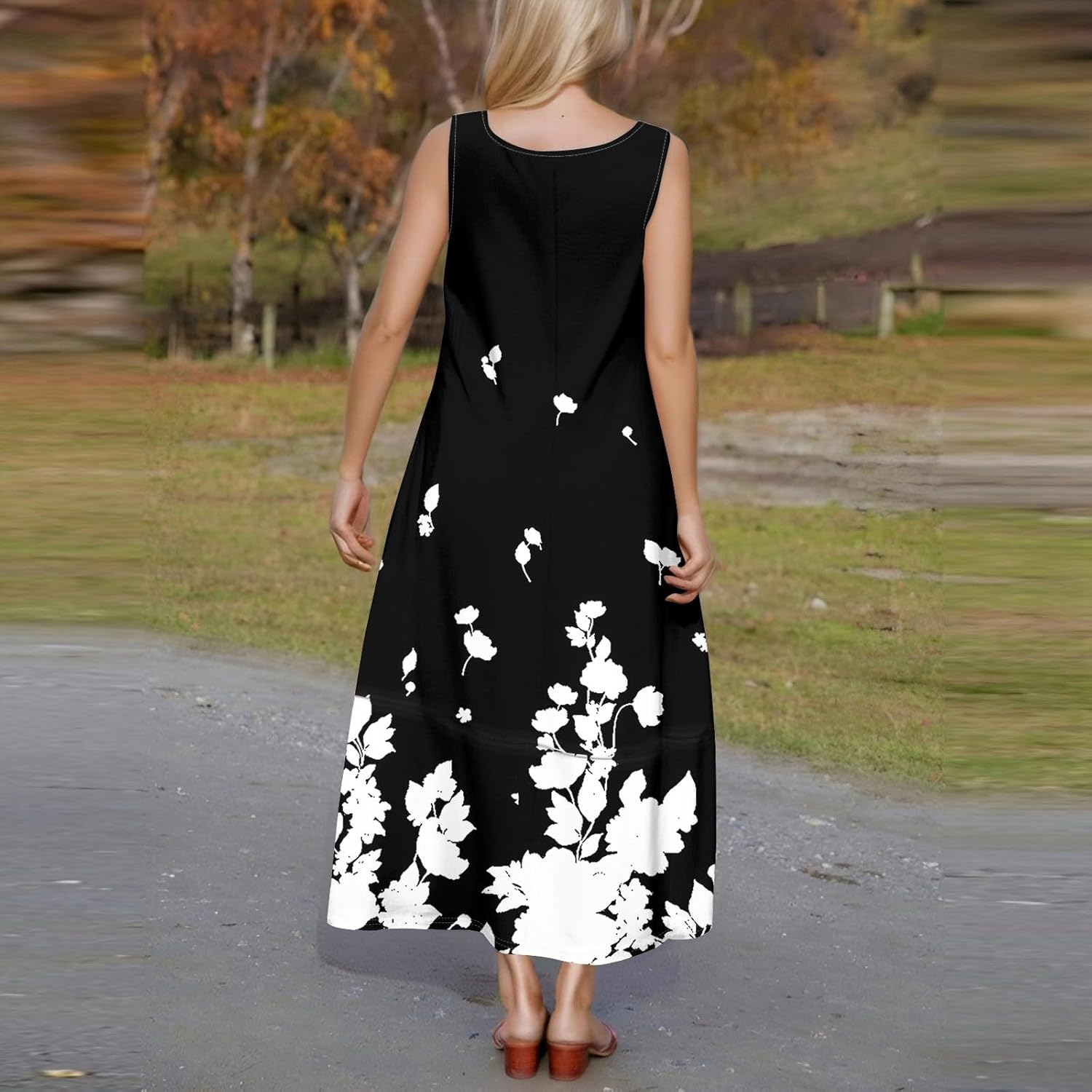 Womens Summer Tank Dress Vacation Boho Floral Long Dresses with Pockets Resort Wear Swing Beach Sleeveless Sundress
