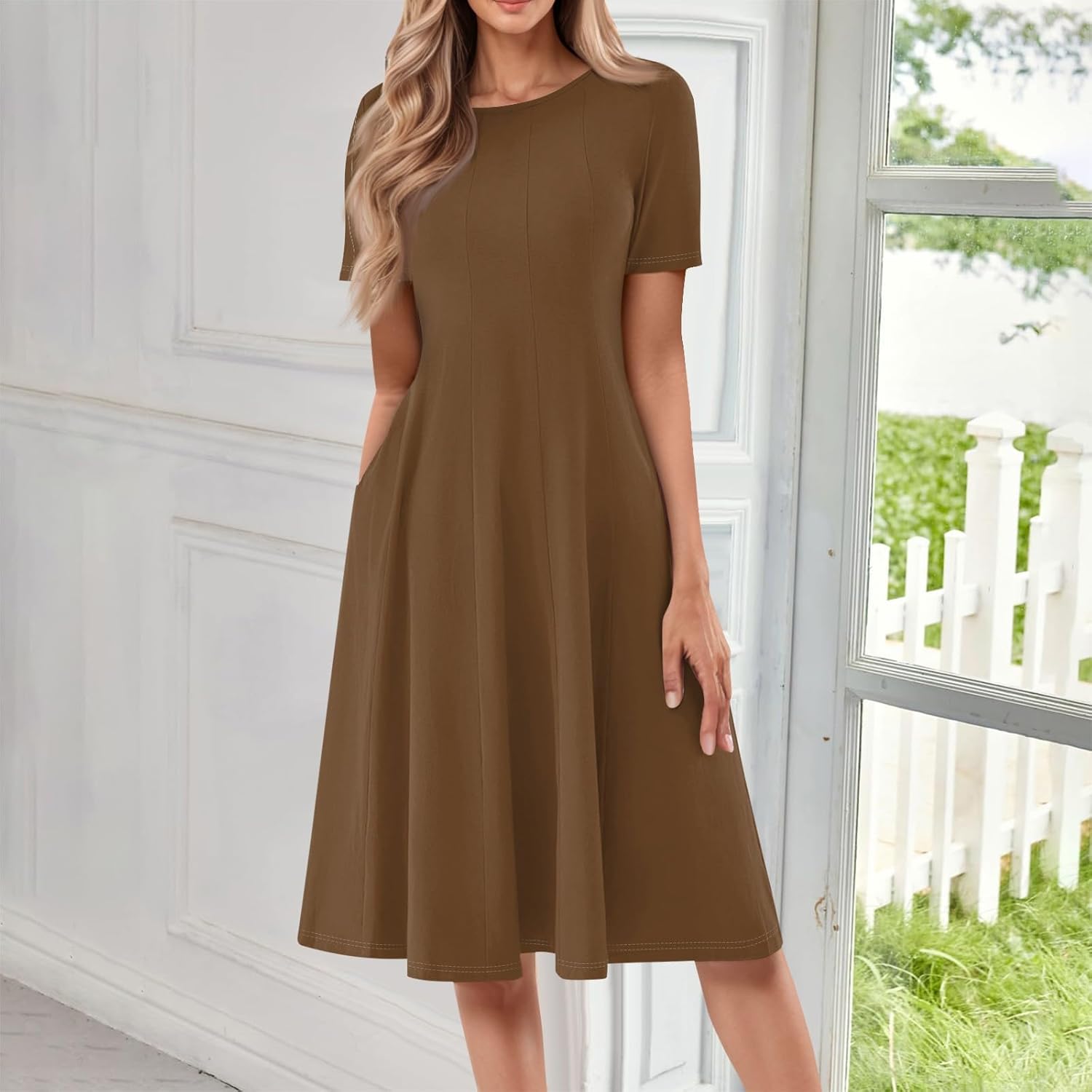 Summer Dresses for Women 2025 Crew Neck Short Sleeve Boho Beach Vacation Floral/Solid Midi Sundresses with Pockets